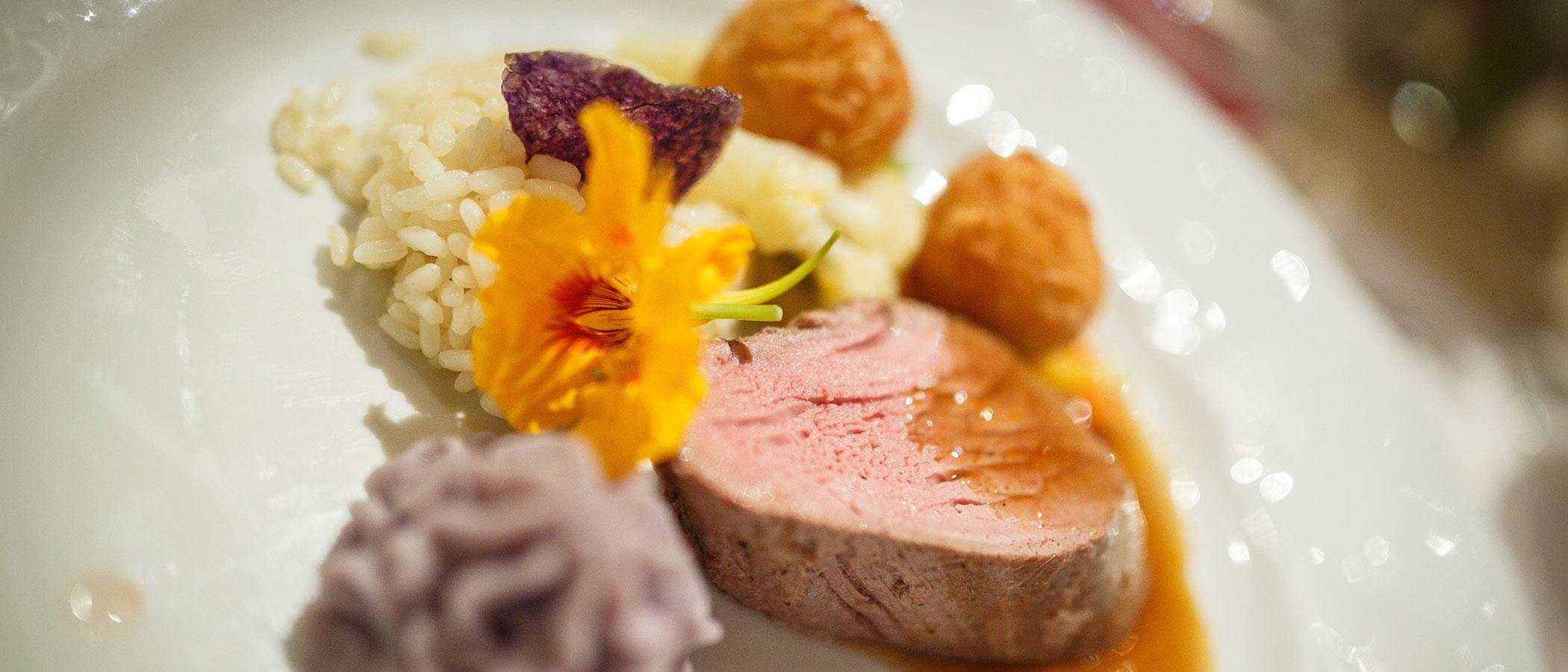 Dinner - dish with meat & rice - decoration flower - Hotel Amaten